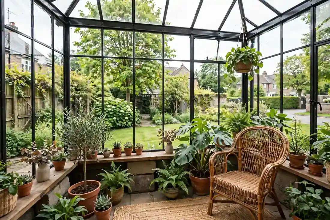 Heller Wintergarten mit Blick in einen grünen Garten in einem Wohngebiet