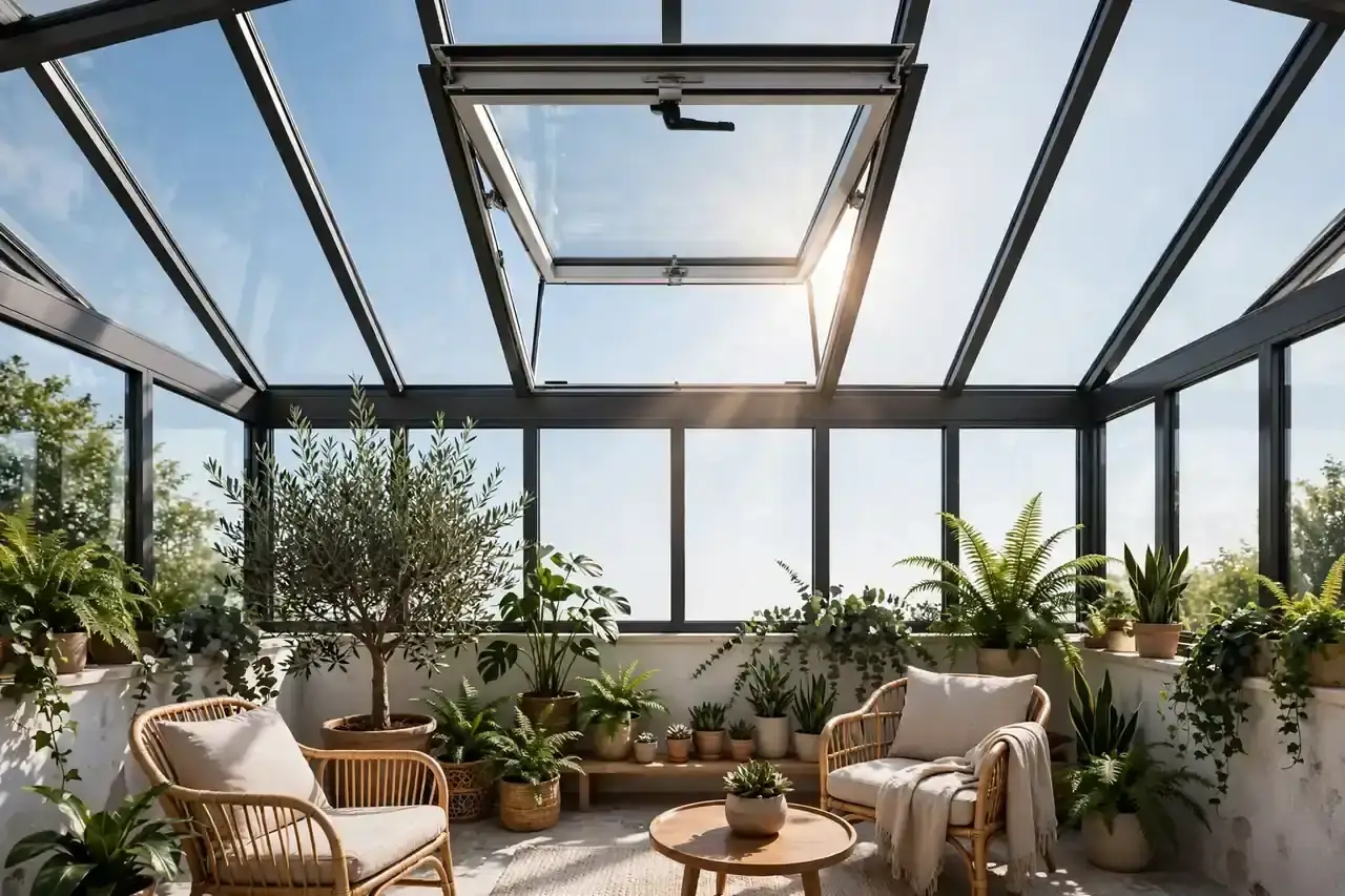 Geöffnete Dachlüftungsklappe in einem hellen Wintergarten mit Pflanzen und Sitzmöbeln