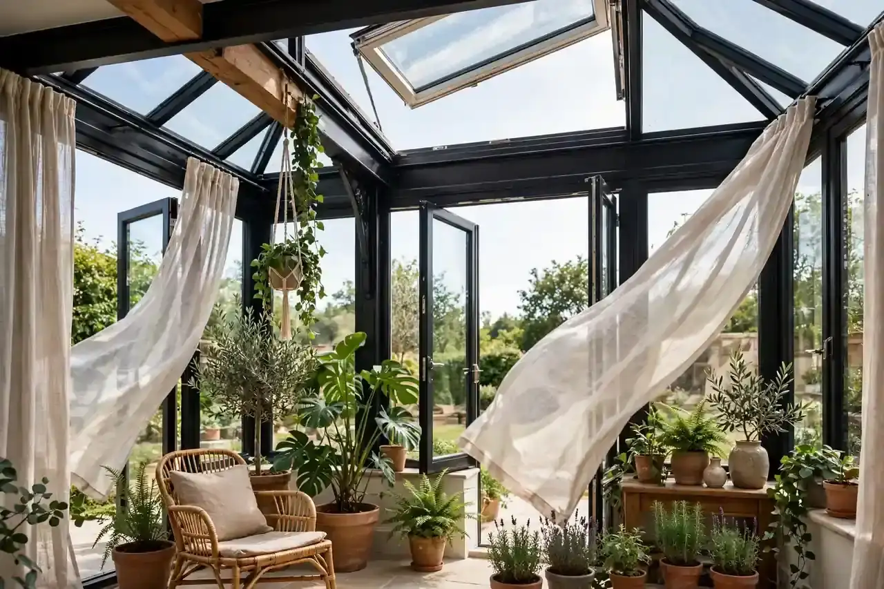 Wintergarten mit geöffneten Fenstern und Dachfenster, frische Luft und Tageslicht im Raum