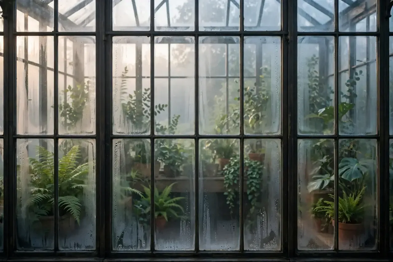 Glasfront eines Wintergartens am Morgen mit leichtem Beschlag und grünen Pflanzen