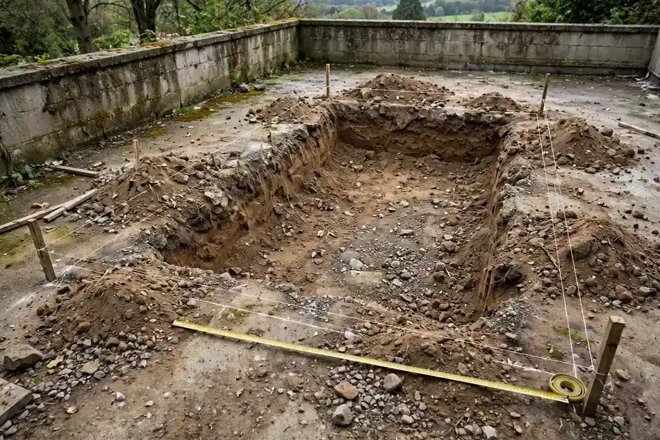 Aushub und Schnurgerüst für ein Fundament an einer Terrasse mit Maßband