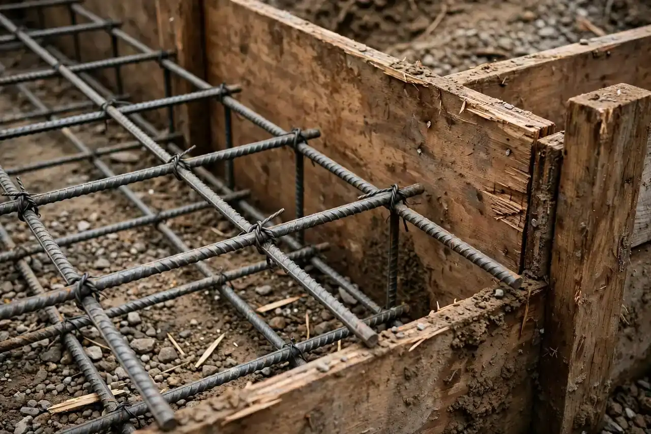 Bewehrungsstahl und Schalung eines Streifenfundaments vor der Betonage