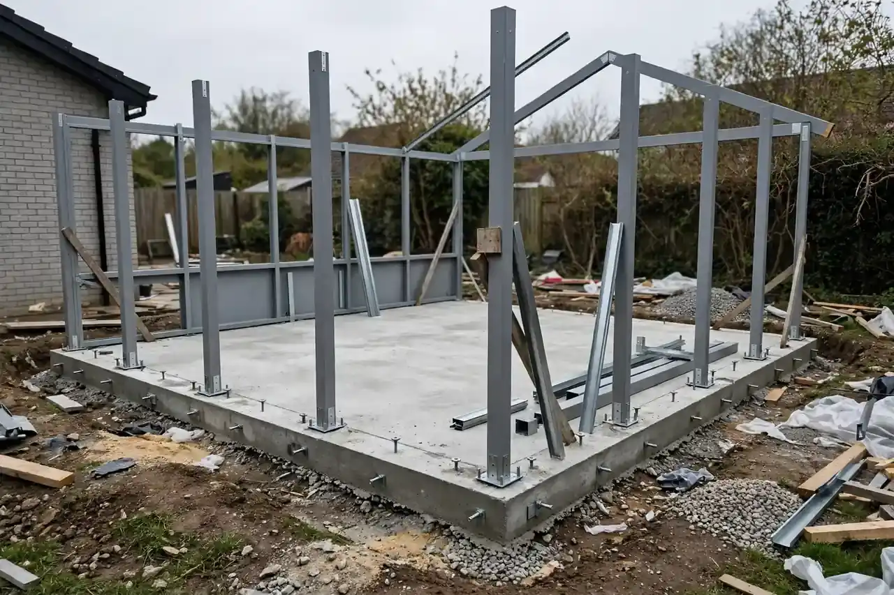 Fertiges Fundament mit aufgesetzter Wintergarten-Konstruktion im Rohbau