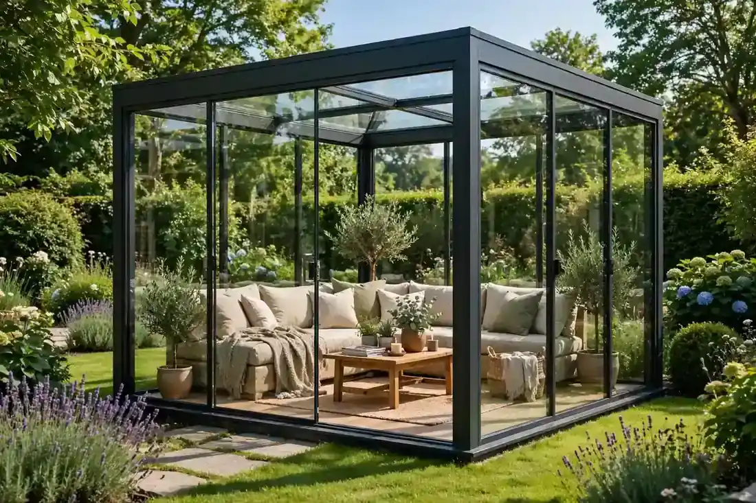 Freistehendes Gartenzimmer mit viel Glas und Sitzecke in einem gepflegten grünen Garten