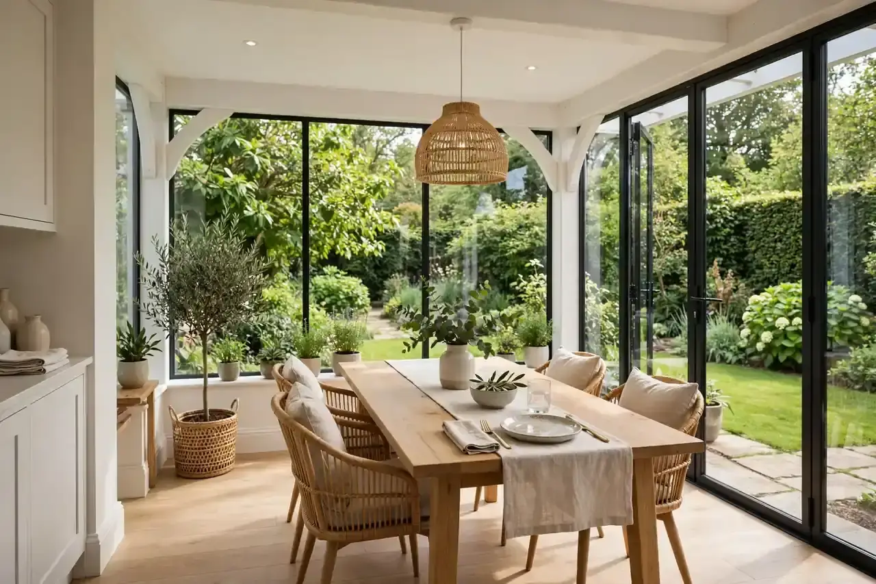 Helles Gartenzimmer am Haus mit Glasfront, Esstisch und Blick ins Grüne