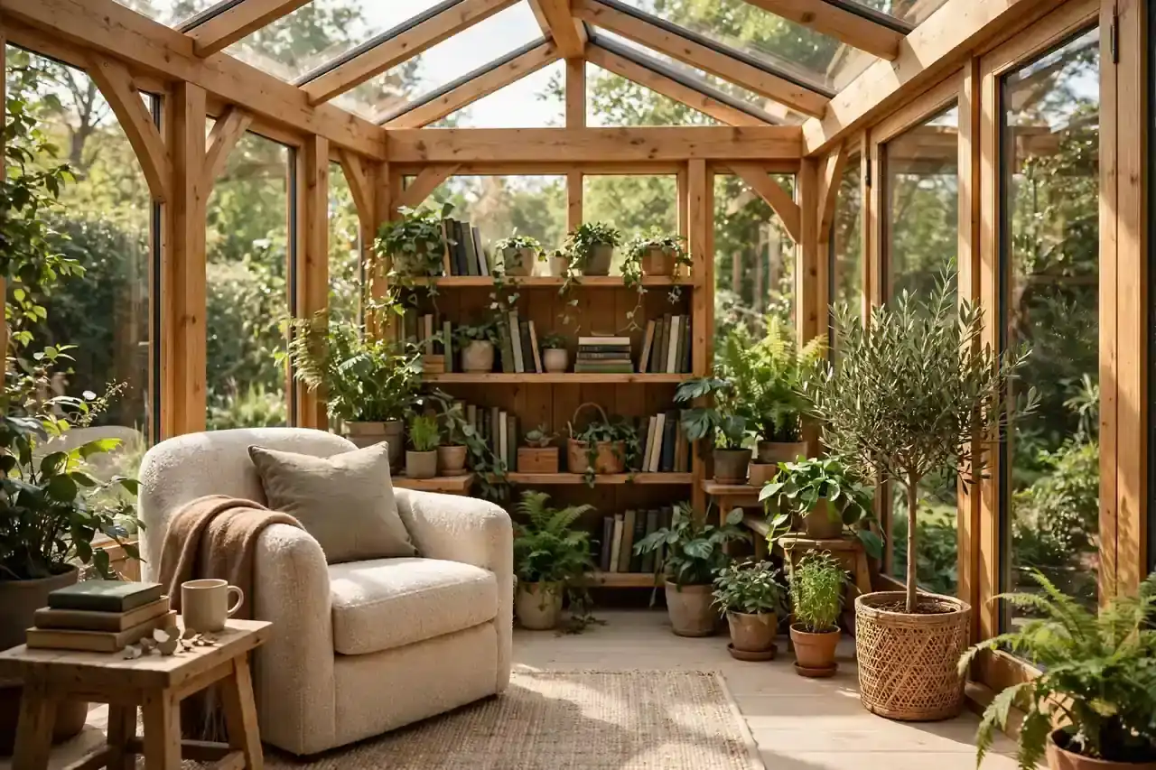 Gartenzimmer aus Holz und Glas als Leseraum mit Sessel, Büchern und Pflanzen