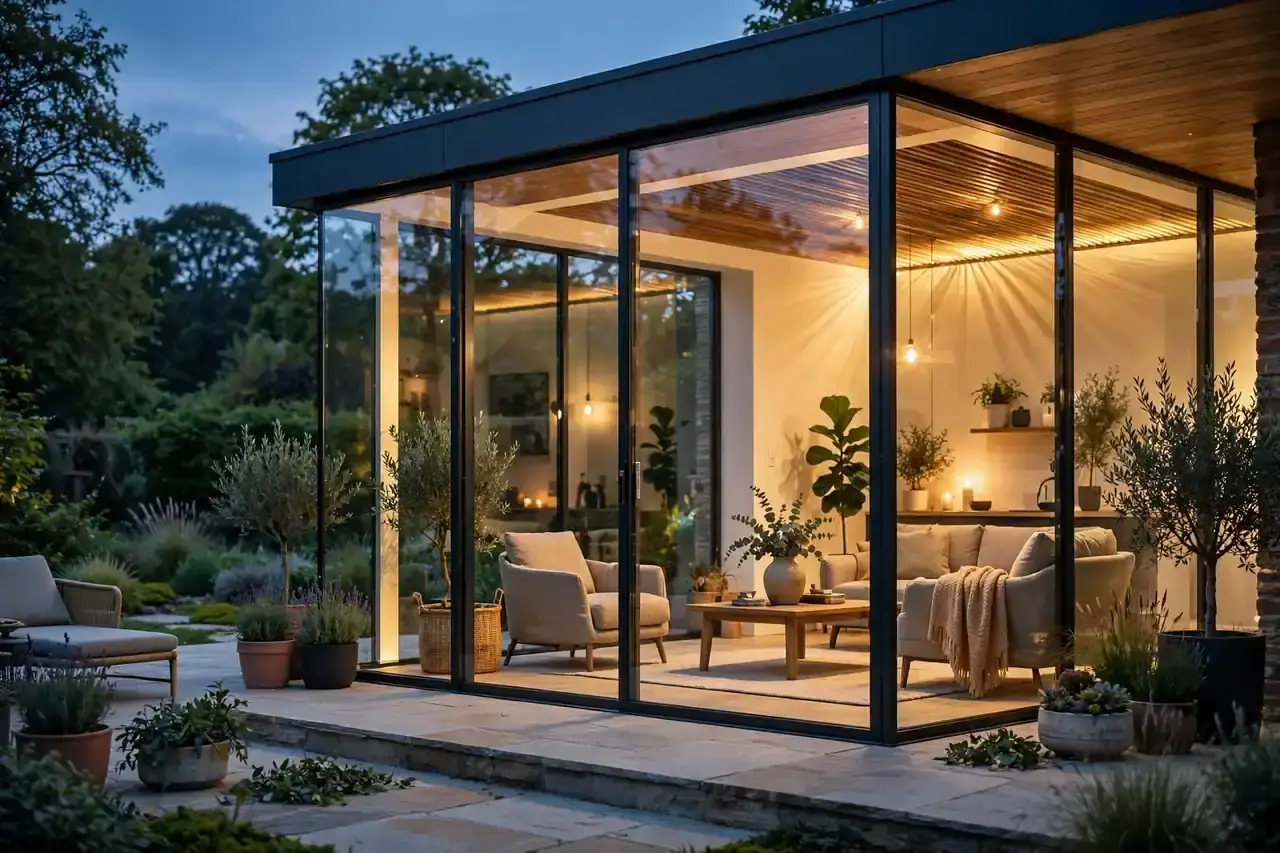 Modernes Gartenzimmer am Abend mit warmer Beleuchtung und Terrasse davor