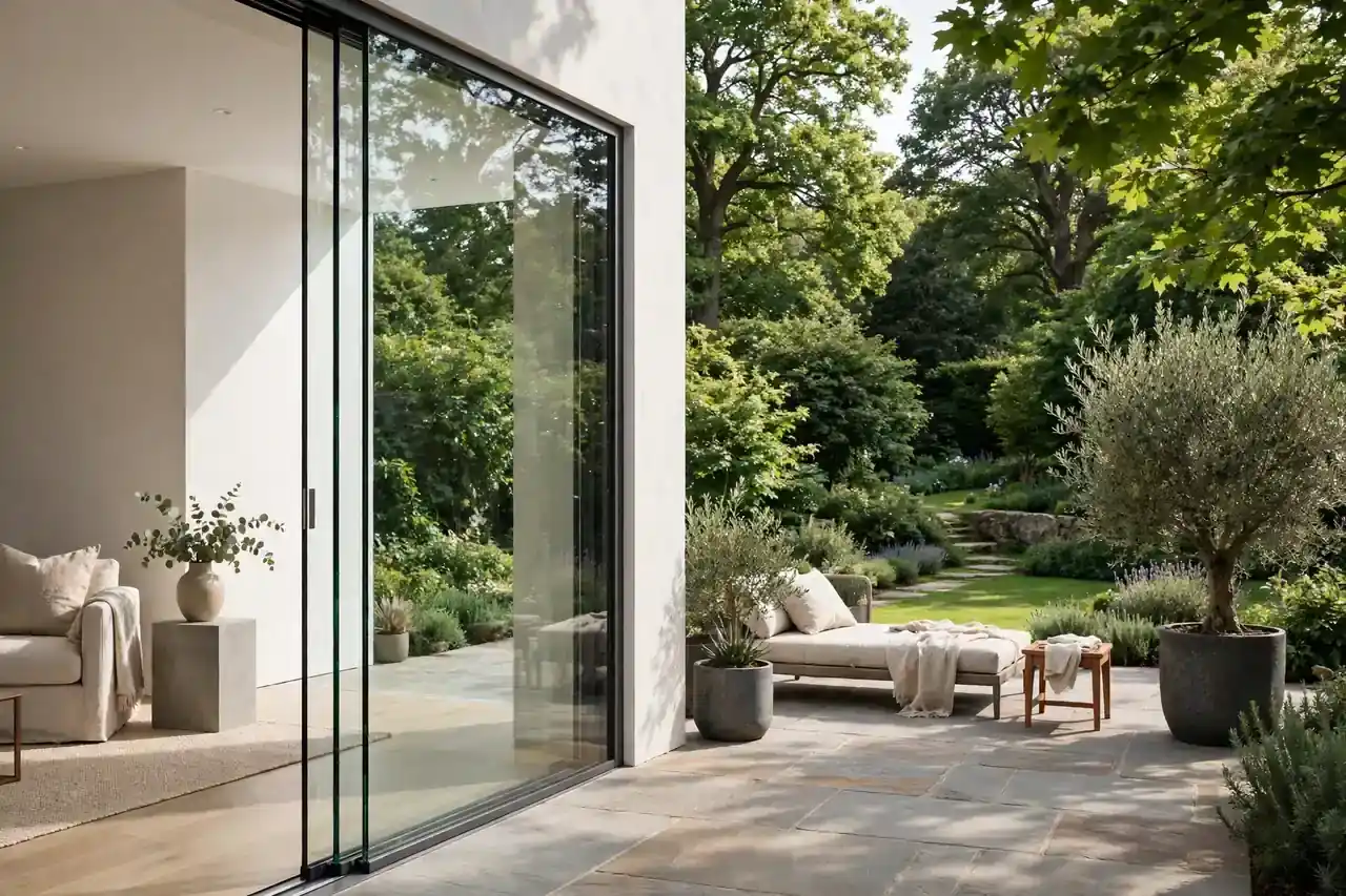 Rahmenlose Glasschiebewand auf einer Terrasse, teilweise geöffnet, mit Blick in den Garten