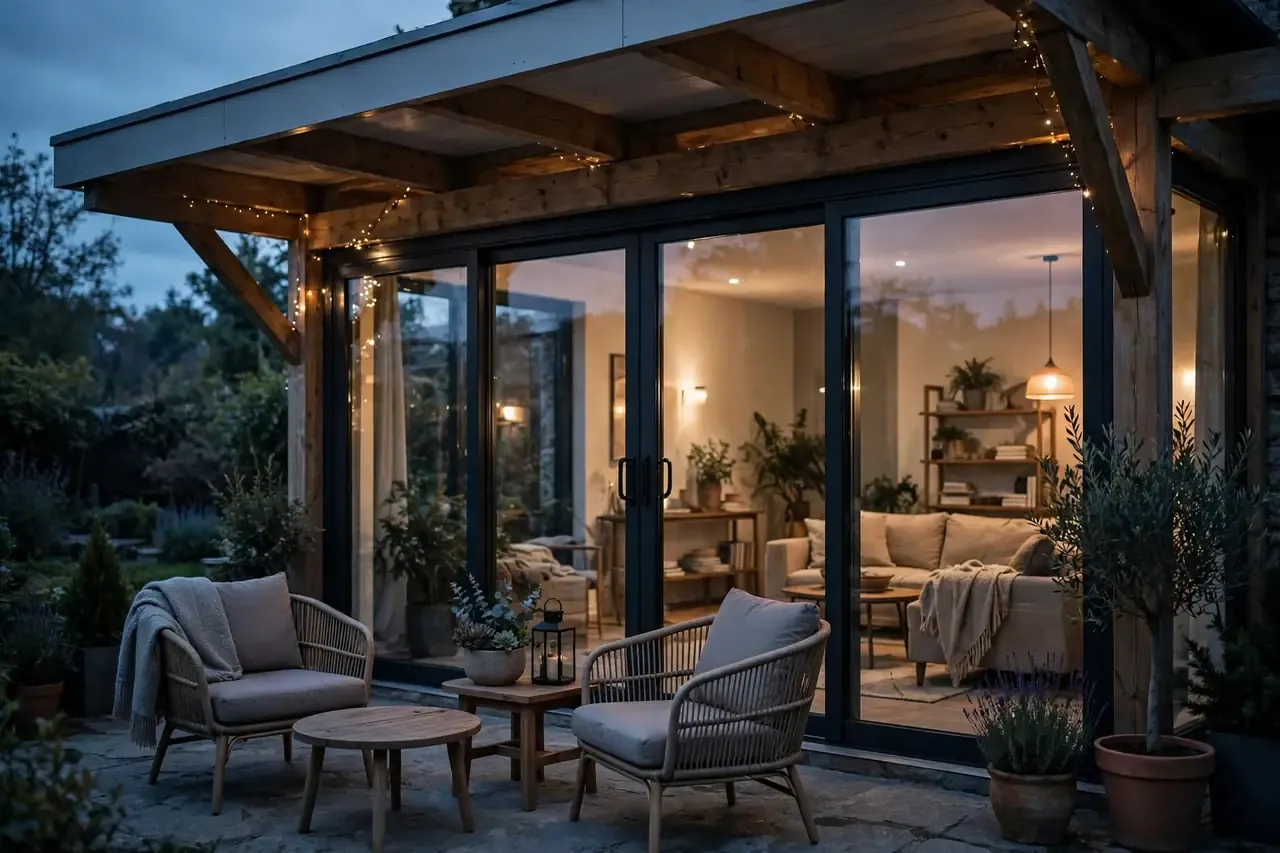Geschützte Terrasse mit geschlossener Glaswand und Gartenmöbeln an einem kühlen Abend
