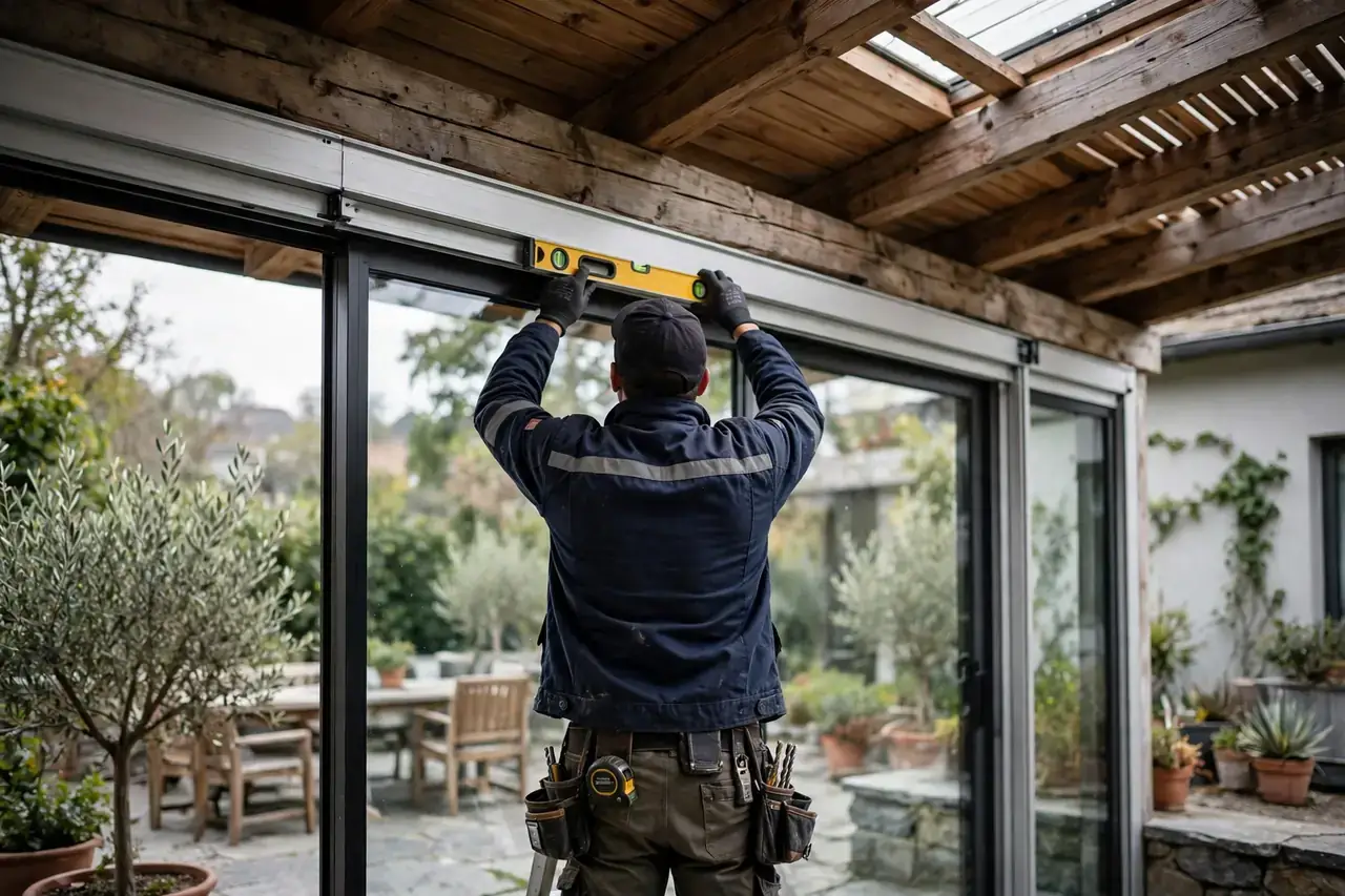 Monteur richtet die obere Laufschiene einer Glasschiebewand unter einem Terrassendach aus