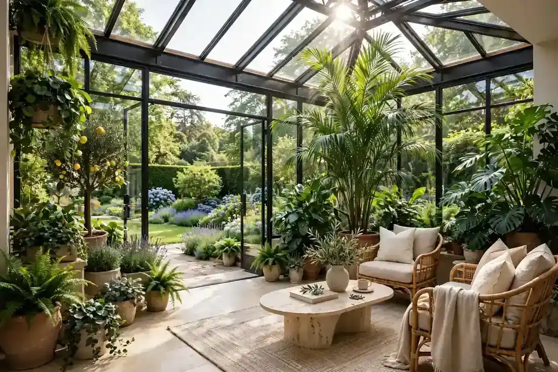 Großzügiger, heller Wintergarten mit Pflanzen und gemütlicher Sitzecke