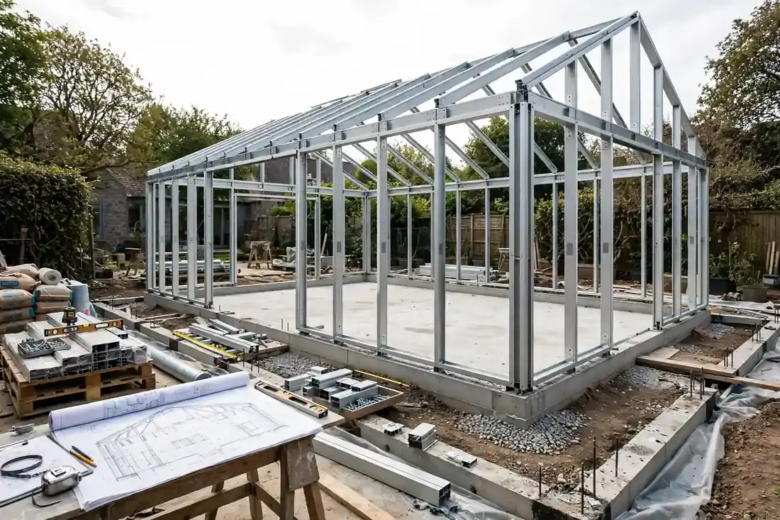 Baustelle eines Wintergartens mit Fundament und Aluprofilen