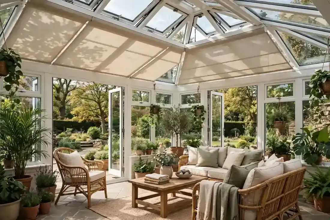 Wintergarten mit Markise als Sonnenschutz und üppigen Grünpflanzen