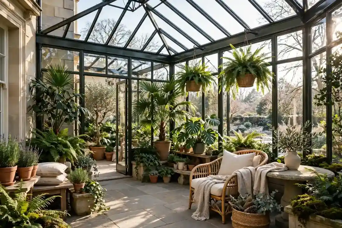 Heller Wintergarten mit Glasfront und Blick in den grünen Garten