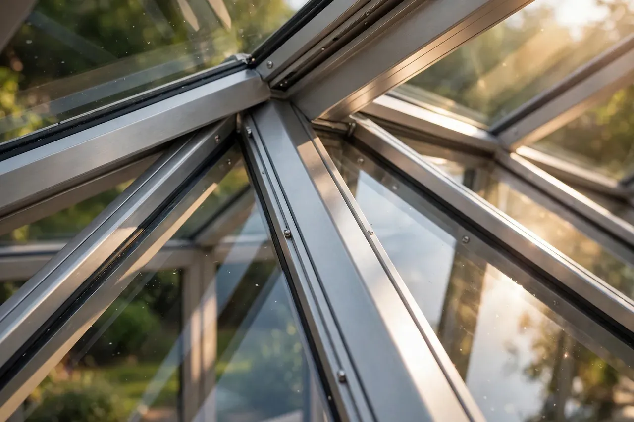 Detailansicht einer modernen Wintergarten-Verglasung mit Aluminiumprofilen