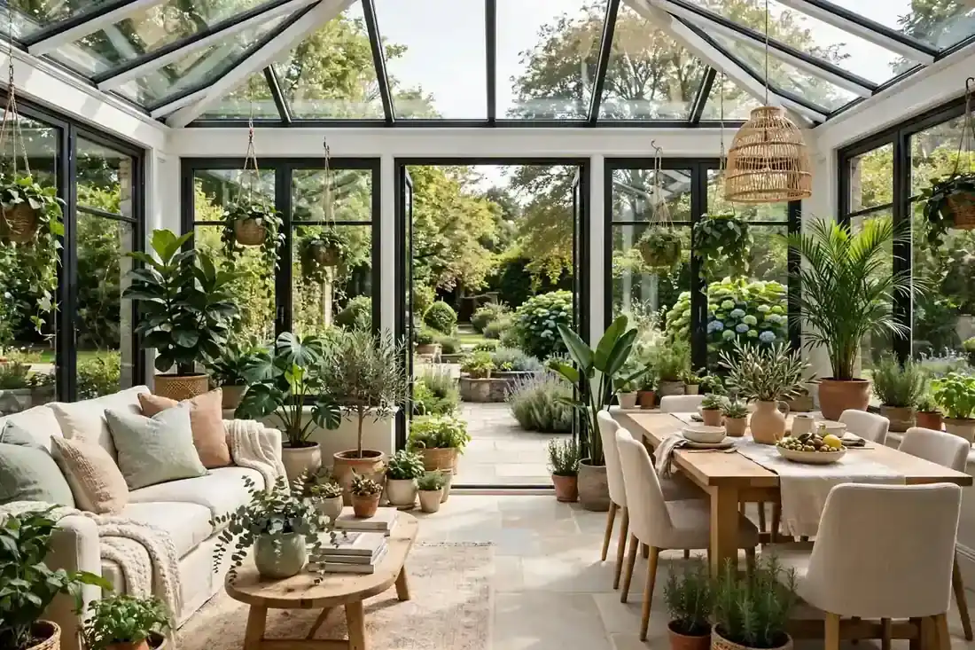 Gemütlich eingerichteter Wintergarten mit Sesseln und vielen Pflanzen