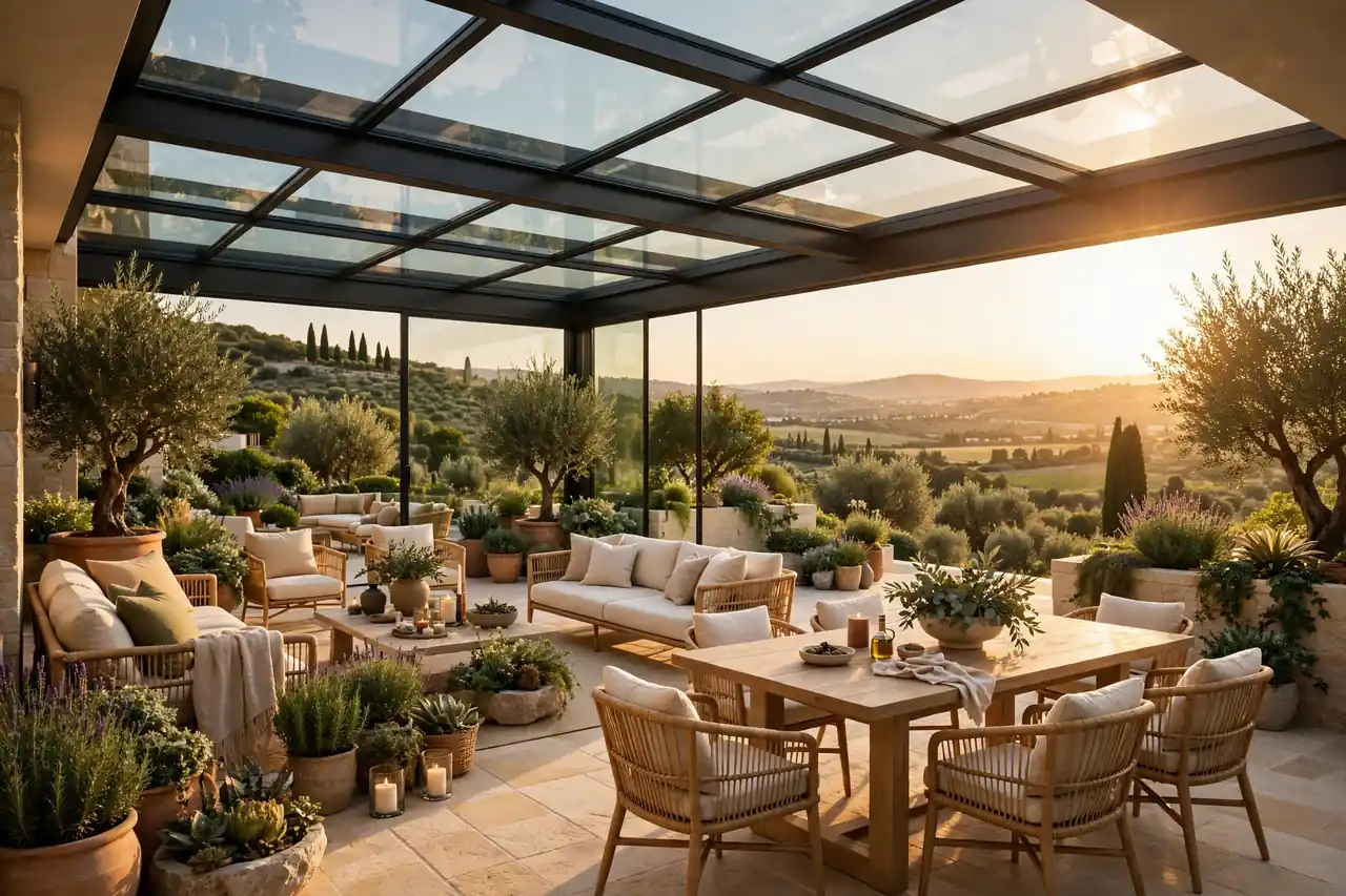 Moderne Terrassenüberdachung mit Glasdach über einer Sitzecke im Garten