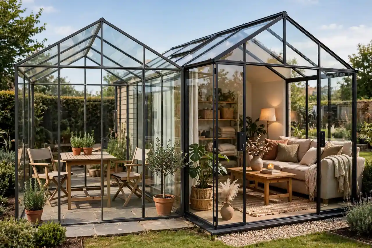 Zweiteiliger Vergleich: links einfacher Glasraum mit Gartenmöbeln, rechts gemütliches Wohnzimmer aus Glas