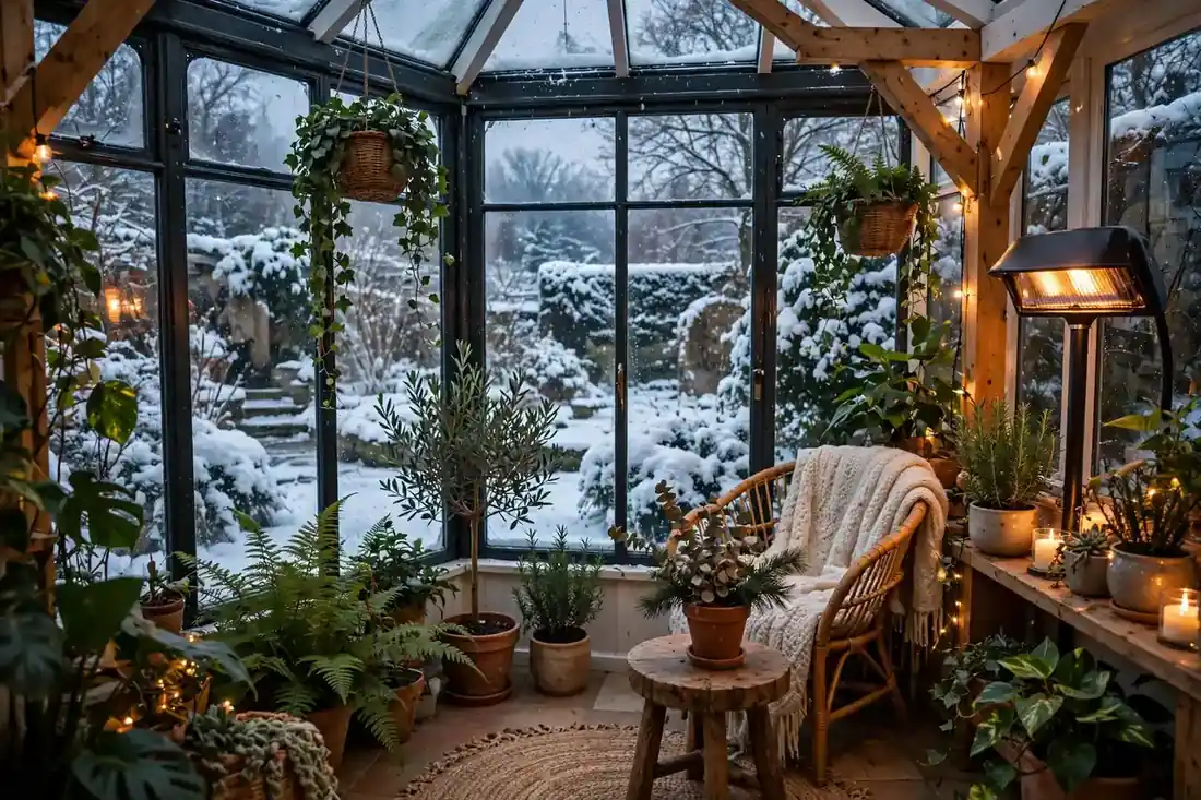Beheizter Wintergarten im Winter mit Blick auf verschneiten Garten und warmem Licht