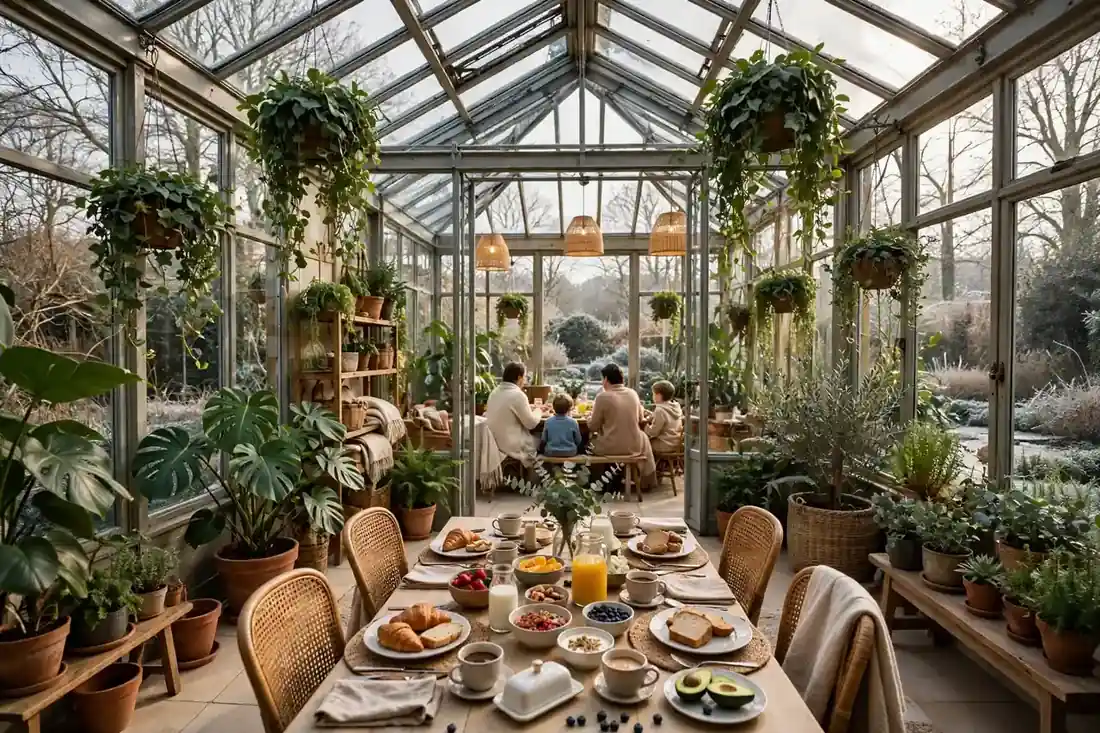 Familienfrühstück in einem hellen Warmwintergarten mit gedecktem Tisch und Pflanzen