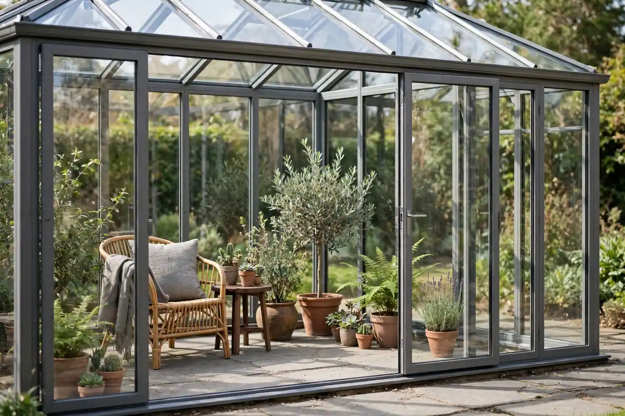 Schlichter Kaltwintergarten aus Glas und Aluminium mit Sitzplatz und Kübelpflanzen