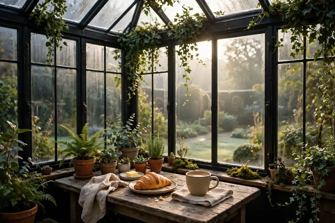 Geschützter Frühstücksplatz in einem Kaltwintergarten am Morgen mit Gartenblick