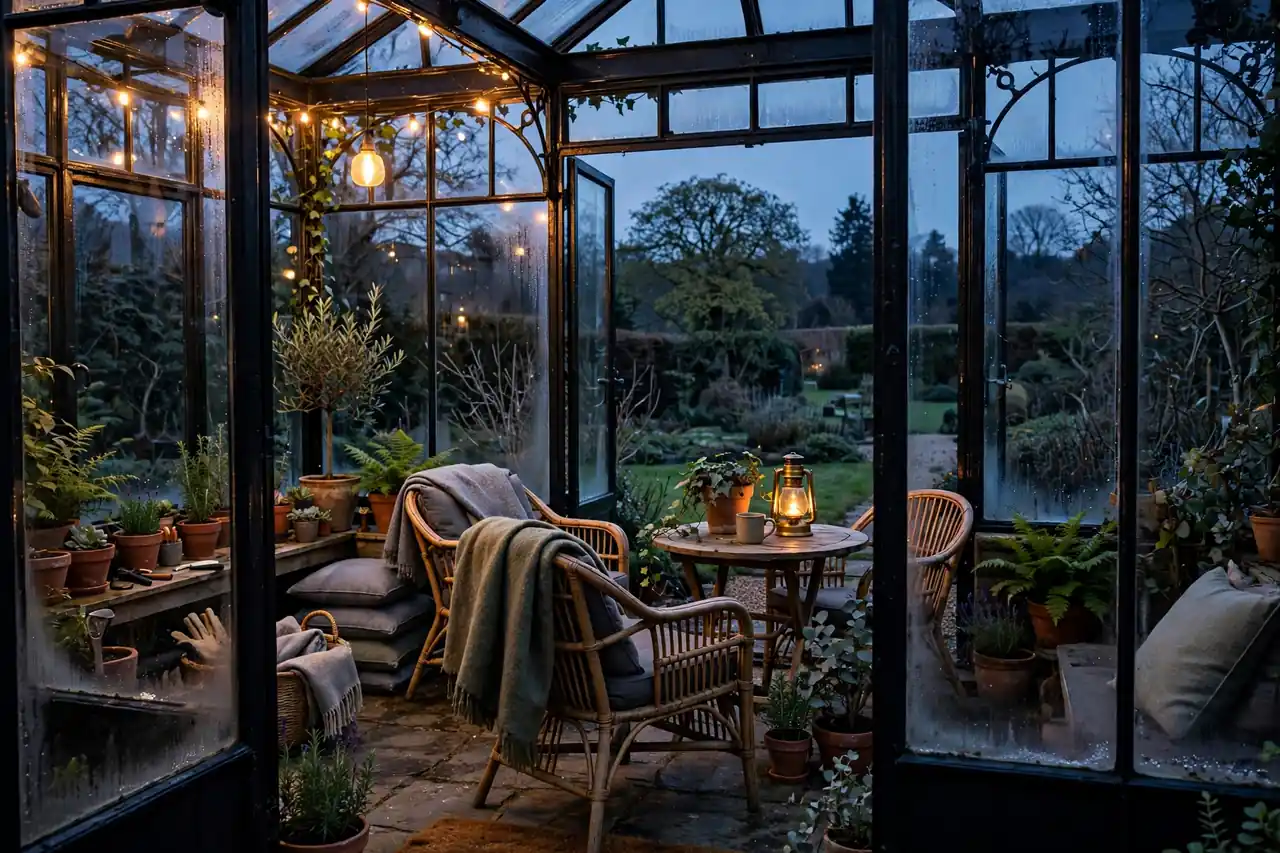 Kaltwintergarten am Abend mit warmem Licht, Gartenmöbel bleiben draußen geschützt stehen