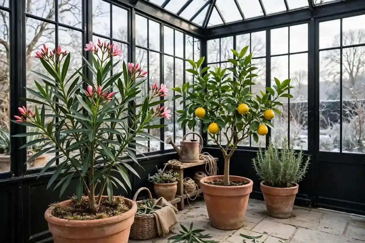 Kübelpflanzen wie Oleander und Zitrus überwintern in einem hellen, kühlen Wintergarten