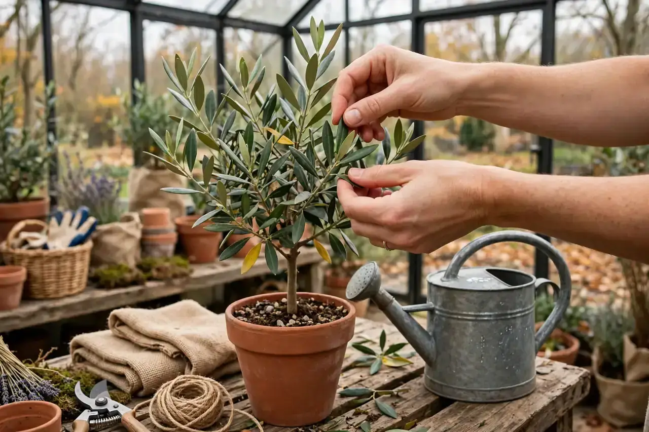 Hände prüfen die Blätter einer Kübelpflanze im Wintergarten vor dem Einwintern