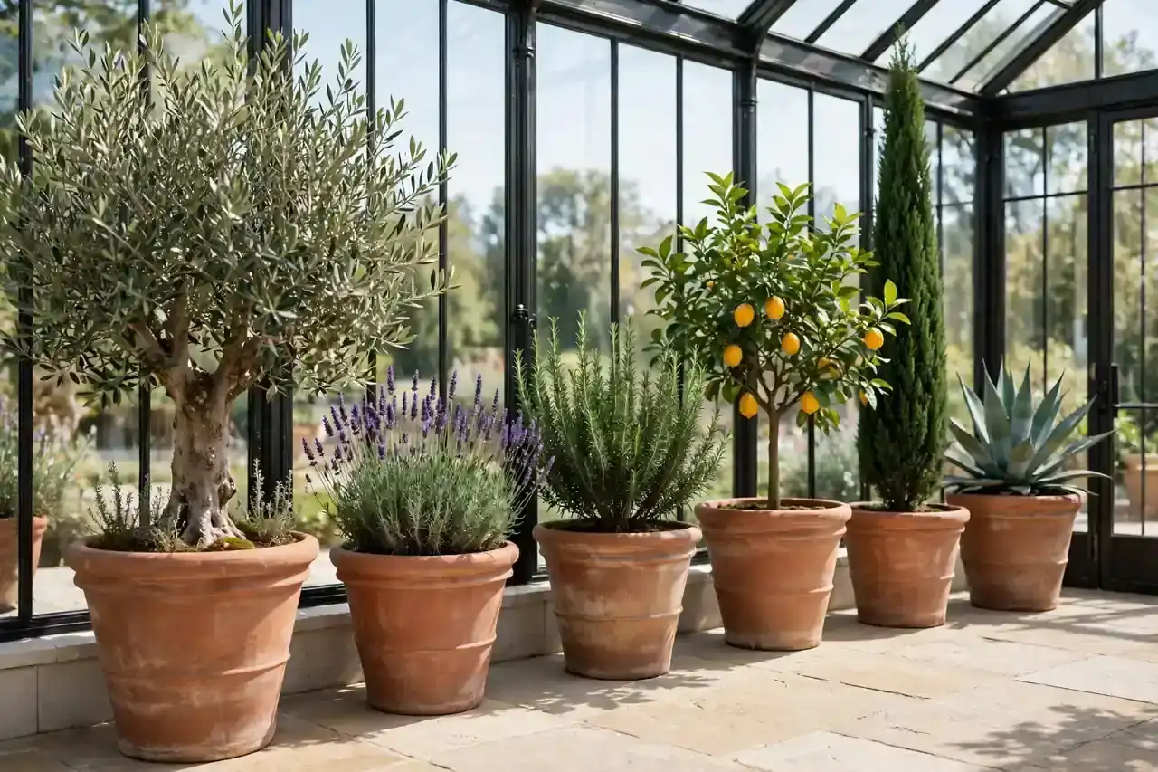 Reihe großer Pflanzkübel mit mediterranen Pflanzen an der Glasfront eines Wintergartens
