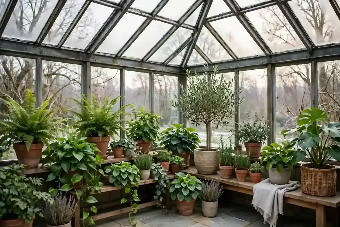 Gesunde grüne Kübelpflanzen im Wintergarten im hellen Licht des späten Winters