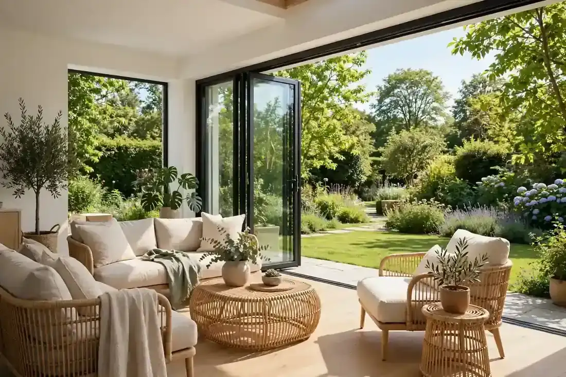 Sommergarten mit Glas-Schiebewänden und Sitzgruppe, offener Übergang in den grünen Garten