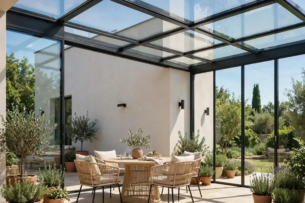 Terrasse mit Glasüberdachung und seitlicher Verglasung an einem hellen Sommertag