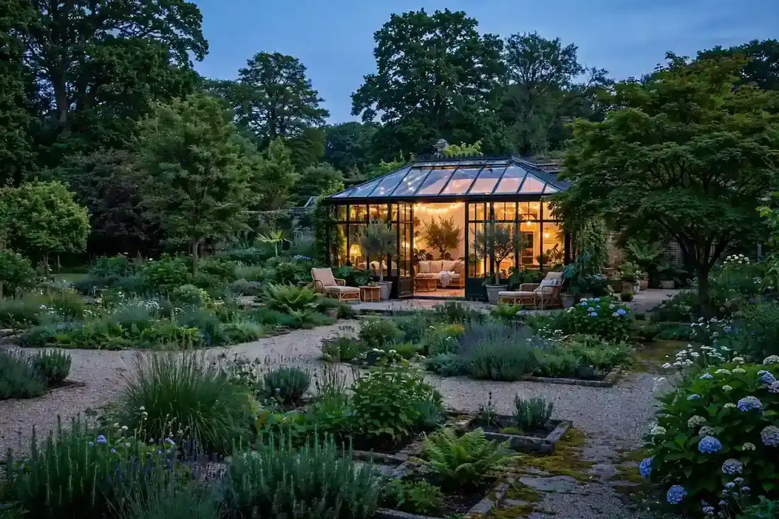 Warm beleuchteter Sommergarten aus Glas in einem großen Garten in der Abenddämmerung