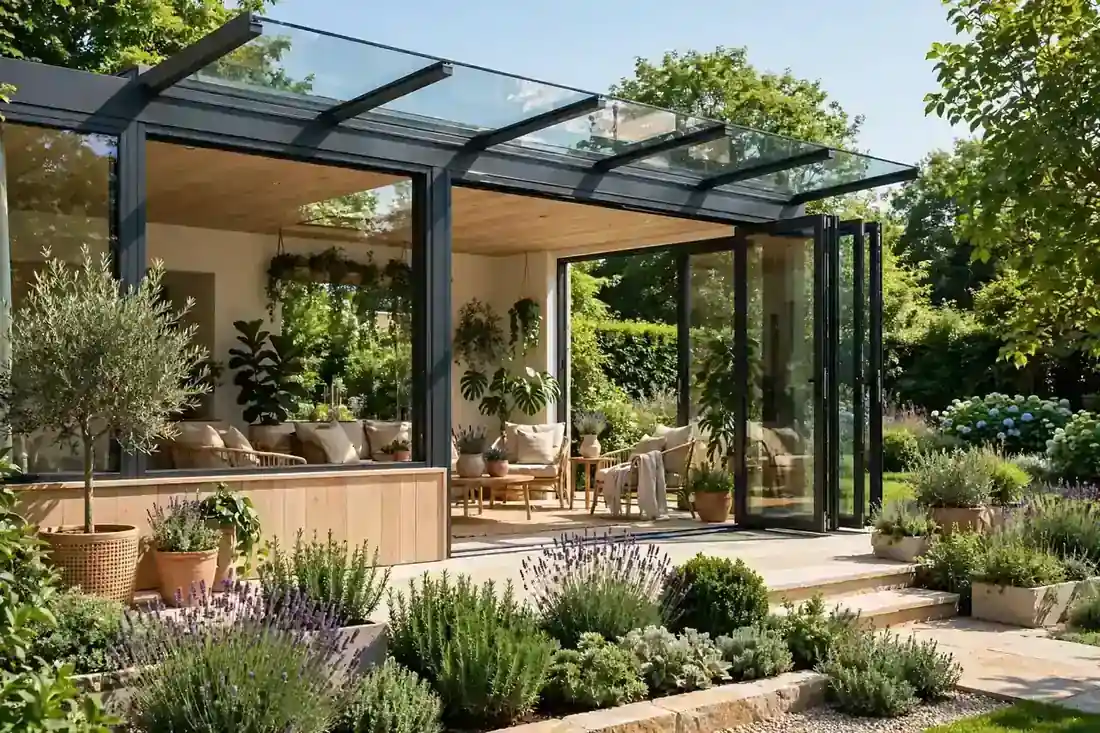 Sommergarten von außen mit Glasdach, Schiebeelementen und bepflanzter Terrasse