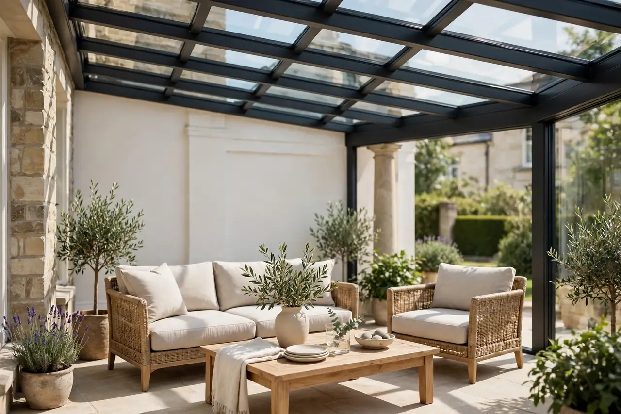 Klassisches Terrassendach mit Glas und dunklen Aluminiumprofilen über einer Sitzgruppe