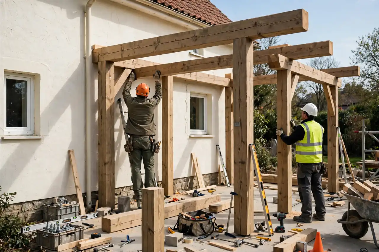 Aufbau eines Terrassendachs: Pfosten und Träger werden an einer Hauswand ausgerichtet