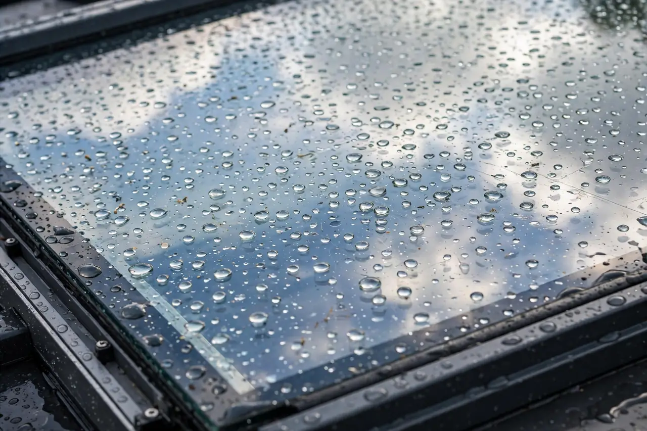 Nahaufnahme einer Glaseindeckung eines Terrassendachs mit Wassertropfen nach Regen