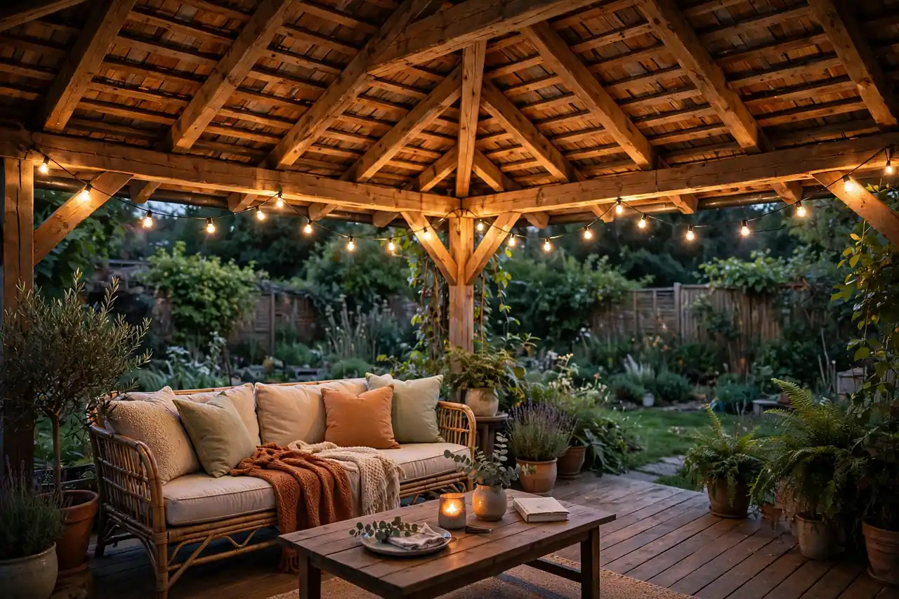 Terrassendach aus Holz mit warmer Atmosphäre, Lichterkette und Lounge-Möbeln am Abend