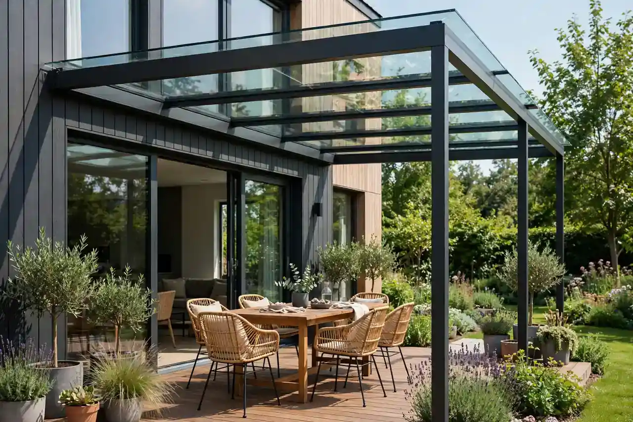 Terrasse mit moderner Überdachung aus Glas an einem Wohnhaus im Sommer