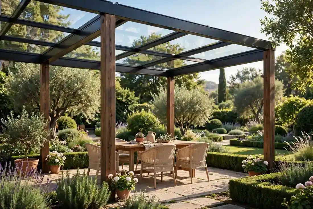 Offene Terrassenüberdachung mit Pfosten und Glasdach in einem gepflegten Garten
