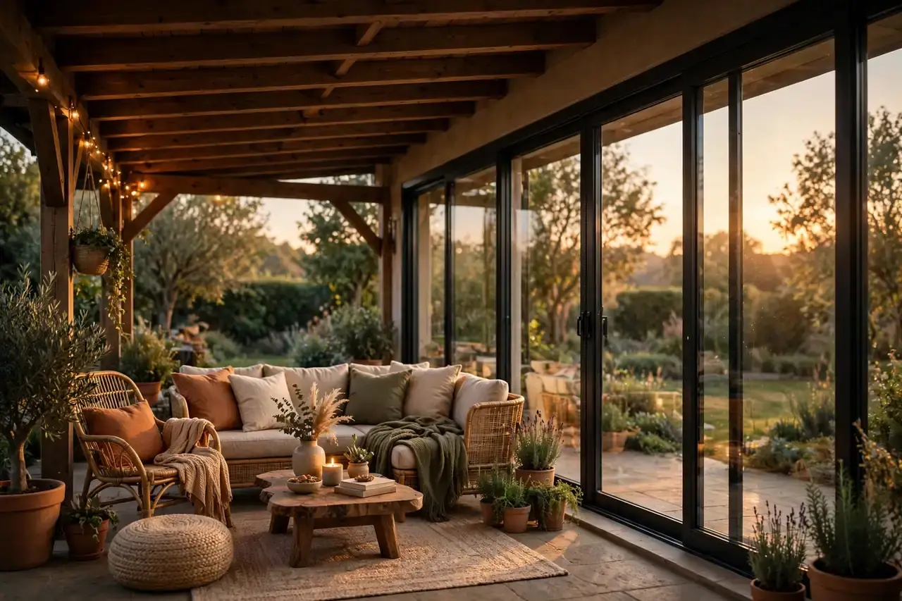 Überdachte Terrasse mit Glasschiebewänden an der Seite im Abendlicht