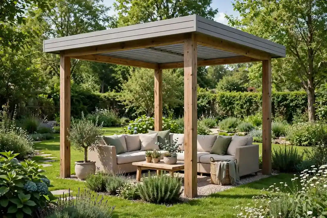Freistehende Terrassenüberdachung auf vier Pfosten mitten in einem grünen Garten mit Sitzecke