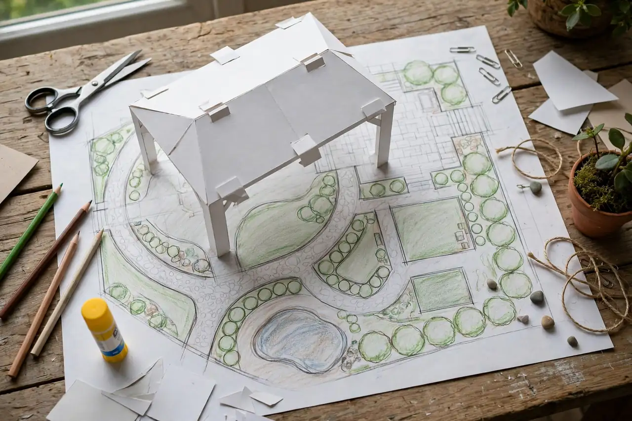 Gartenplan auf einem Tisch mit ausgeschnittenem Papiermodell einer Überdachung zum Verschieben