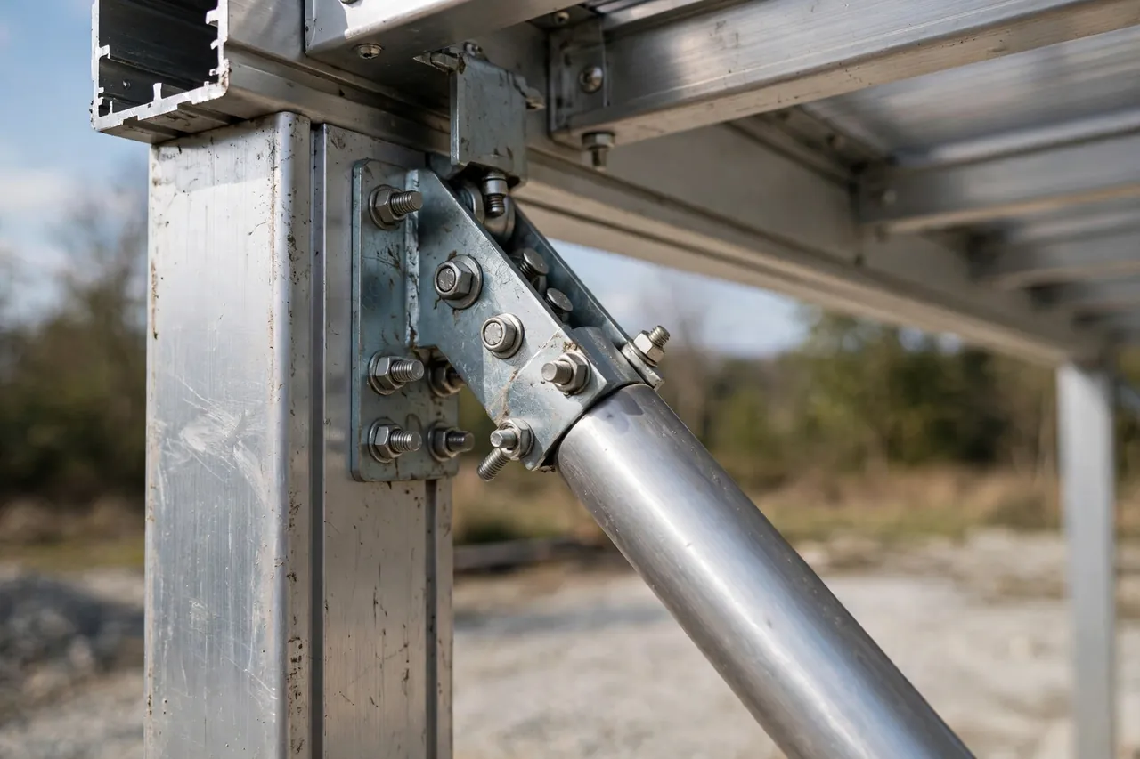 Detail der Windaussteifung und Pfostenverbindung einer freistehenden Aluminium-Überdachung