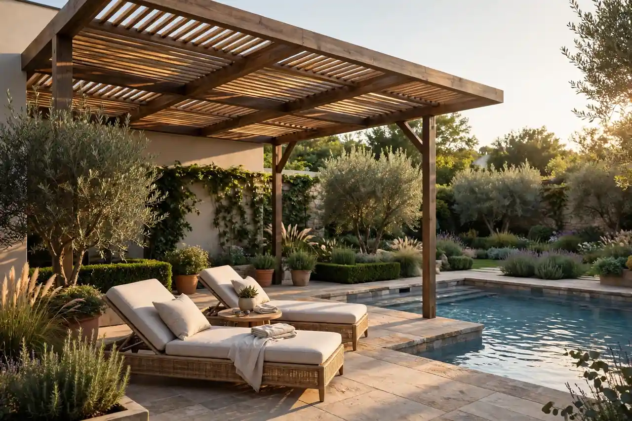 Freistehendes Terrassendach am Pool mit Liegen und Sonnenschirm am späten Nachmittag
