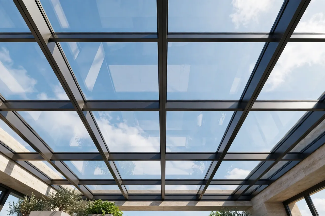 Terrassendach mit klarem Echtglas, Blick durch die Scheiben in den blauen Himmel