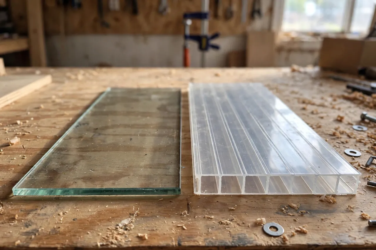 Zwei Materialmuster nebeneinander: Glasscheibe und Polycarbonat-Stegplatte auf einem Tisch