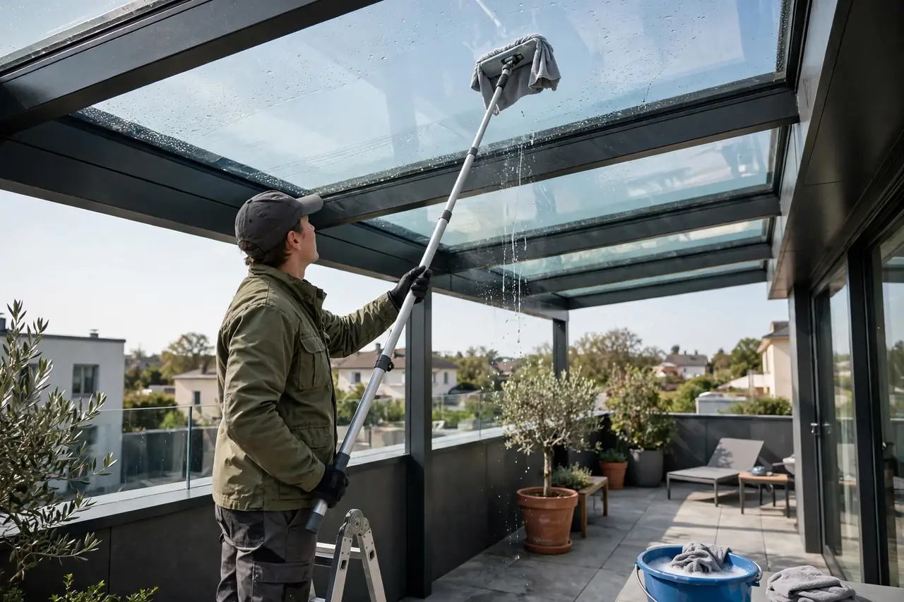 Reinigung einer Glas-Terrassenüberdachung mit Teleskopstange und weichem Tuch