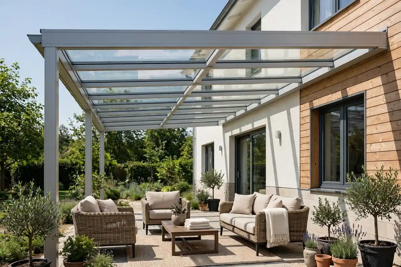Freundliche Terrassenüberdachung aus Aluminium und Glas an einem Einfamilienhaus mit Sitzgruppe